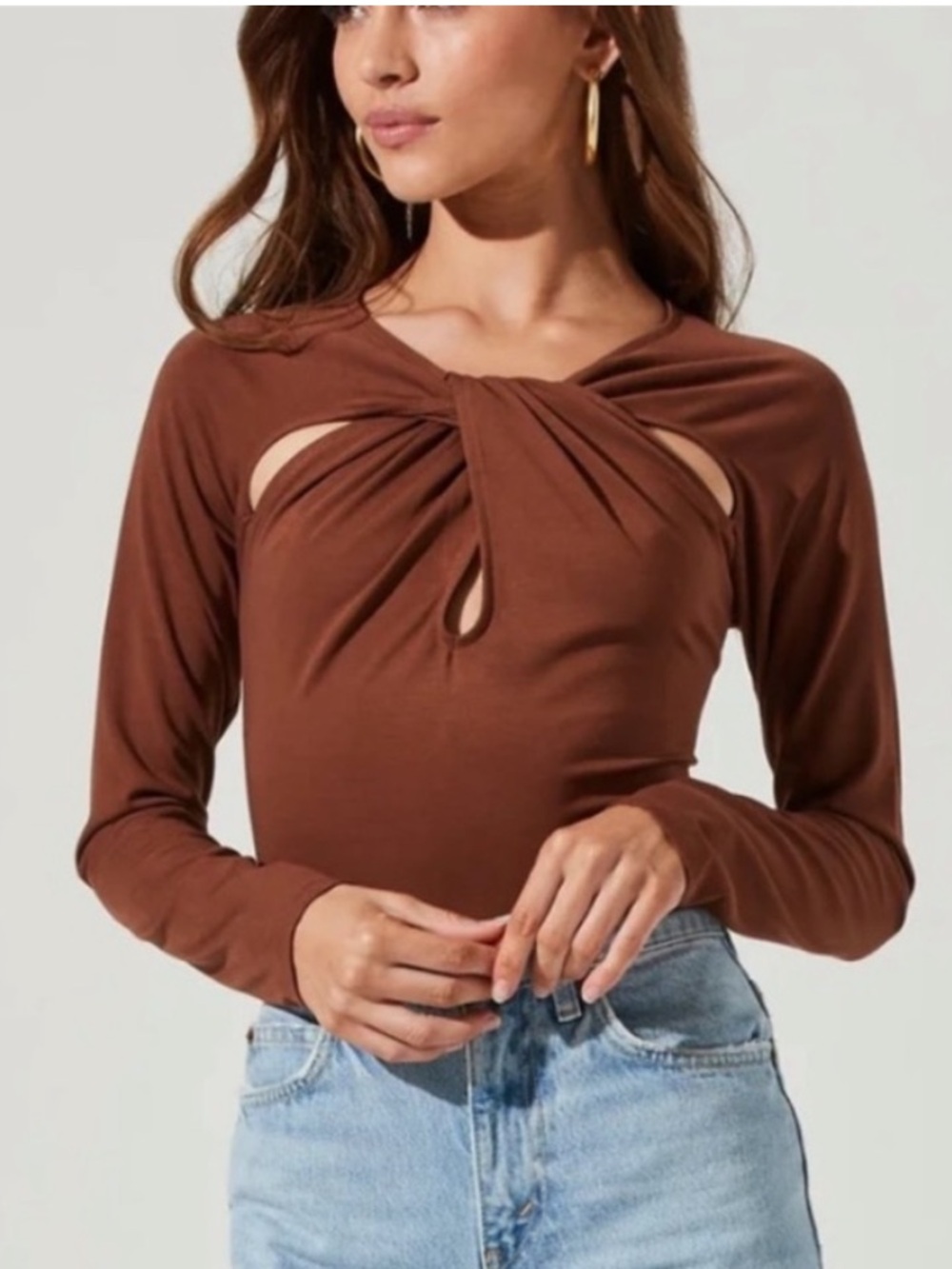 🌻NEW ASTR The Label Multi Cutout Bodysuit Brown Long Sleeve Twist Front Size XL